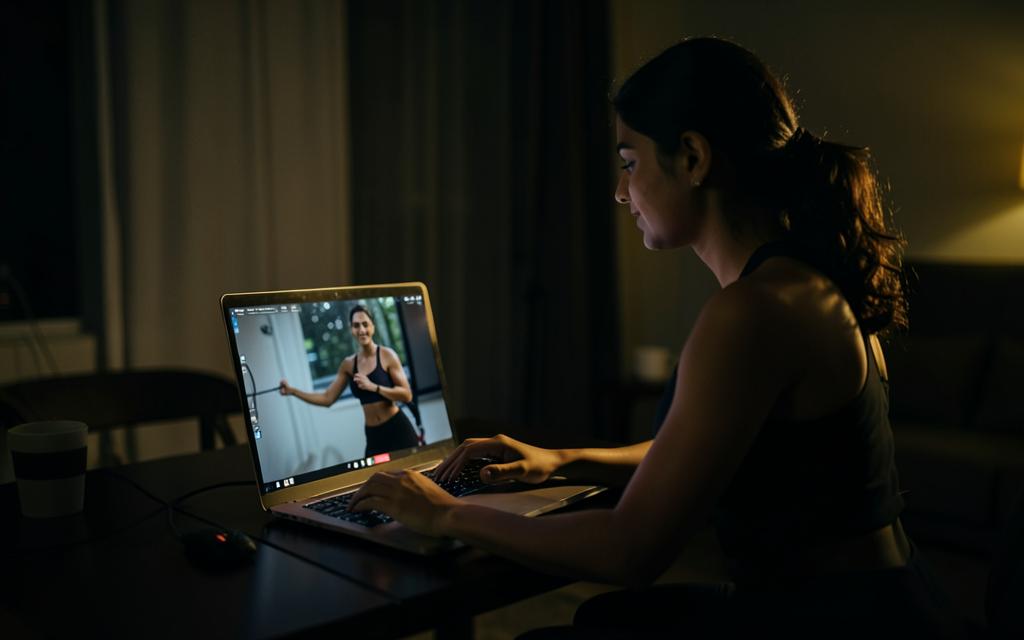 Woman following an online Tumble Fit training session at home